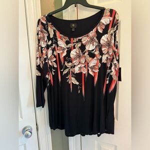 NWT. JM Collection Stretch Knit Black with Orange Print. Size 3x. Machine wash.